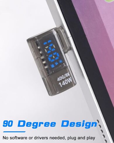Poyiccot LED Display USB C Right Angle Adapter, 2Pack USB C 90 Degree Adapter 40Gbps 140W 8K@60Hz, Current Voltage Display Tester USB C Extender Compatible for Thunderbolt 4/3, MacBook, Laptop in Kuwait