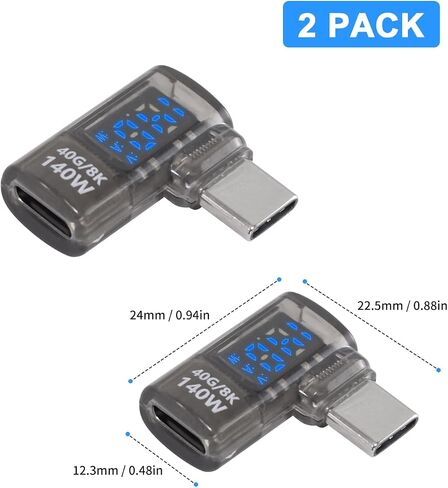 Poyiccot LED Display USB C Right Angle Adapter, 2Pack USB C 90 Degree Adapter 40Gbps 140W 8K@60Hz, Current Voltage Display Tester USB C Extender Compatible for Thunderbolt 4/3, MacBook, Laptop in Kuwait