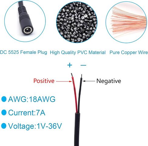 Short 18AWG 2.5mm x 5.5mm DC Power Plug Pigtail Cable Female,1PCS 0.3M/1FT 7A DC 5525 Female Connector Open End Extension Repair Cord for CCTV Security Camera in Saudi Arabia