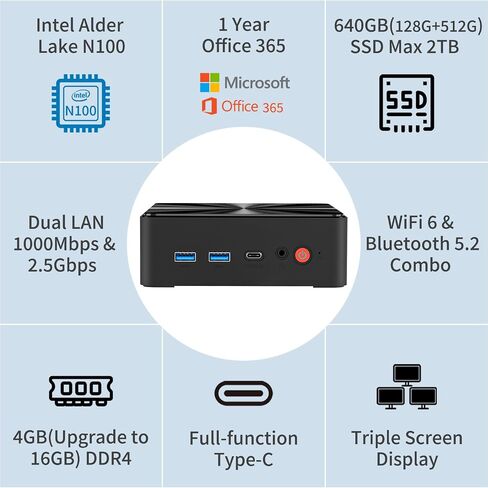 Mini PC, Intel 12th Alder Lake N100 (up to 3.4GHz), 16GB DDR4 RAM 512GB M.2 SSD Dual LAN, Mini Desktop Computers Windows 11, 4K Triple Display, Type-C, WiFi 6, BT 5.2, Micro PC for Home Office in Saudi Arabia