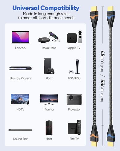 8K Short HDMI Cable 1.5FT 2-Pack, HDMI 2.1 Cable Ultra High Speed HDMI Braided Cord 48Gbps 8K@60Hz, 4K@120Hz, eARC, HDCP 2.2&2.3, HDR10+, 3D for Roku/Blu-ray/HDTV/HDMI Switch/Monitor in Saudi Arabia