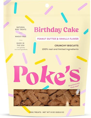 Poke's Birthday Cake Dog Treats – Crunchy Biscuits, Peanut Butter & Vanilla Recipe – Limited Ingredient Natural Dog Treats Made in The USA – Wheat-Free, 8oz in Saudi Arabia