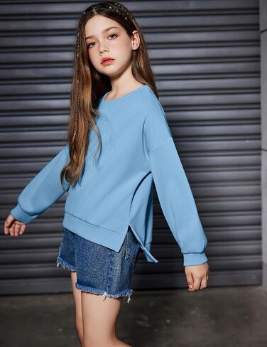 Arshiner Girls Crewneck Sweatshirt Long Sleeve Pullover Tops Drop Shoulder Sweatshirts Side Split for 5-14 Years in Kuwait