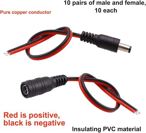 Taiss 10 أزواج 18AWG DC Power Pigtail Cable12V 5A، يستخدم في كاميرا CCTV الأمنية محول قابس الطاقة 5.5 مم × 2.1 مم موصلات ذكر وأنثى. in Kuwait