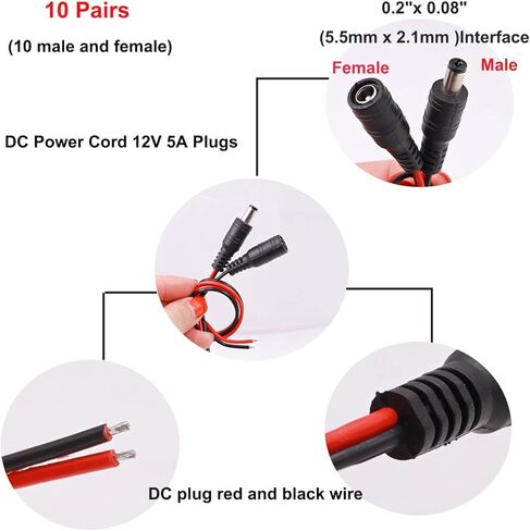 Taiss 10 أزواج 18AWG DC Power Pigtail Cable12V 5A، يستخدم في كاميرا CCTV الأمنية محول قابس الطاقة 5.5 مم × 2.1 مم موصلات ذكر وأنثى. in Kuwait