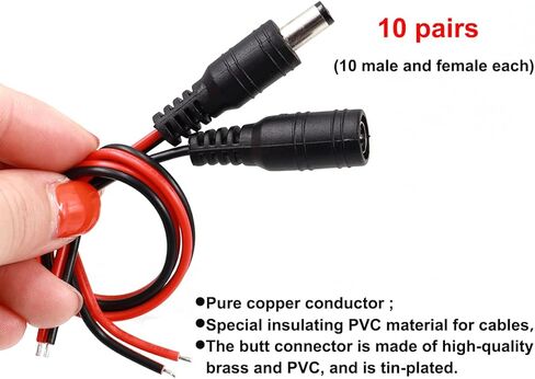 Taiss 10 أزواج 18AWG DC Power Pigtail Cable12V 5A، يستخدم في كاميرا CCTV الأمنية محول قابس الطاقة 5.5 مم × 2.1 مم موصلات ذكر وأنثى. in Kuwait