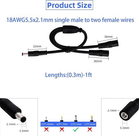 1ft/2pcs 1Male to 2Female 5.5x2.1mm 18AWG 12 Volt Splitter, Y-Shaped Power Distributor for LED Strip Splitter CCTV Surveillance Camera etc. in Kuwait