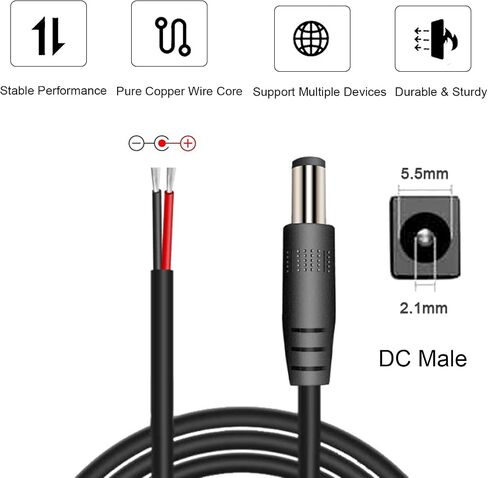 Single 22AWG 5.5mm x 2.1mm DC Pigtail Barrel Plug Connector Cable Male,0.3M/1FT 3A DC 5521 Open End Extension Repair Cord for CCTV,Surveillance Camera Cables in Kuwait