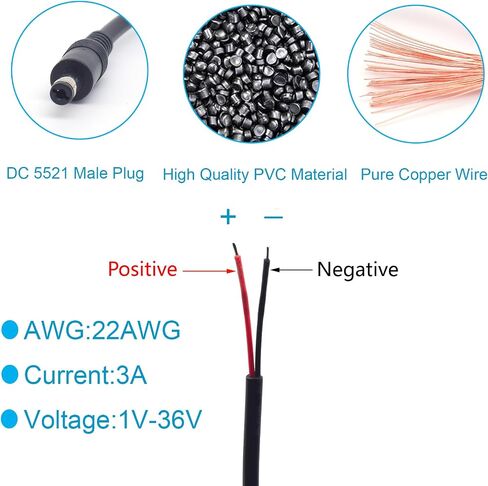 Single 22AWG 5.5mm x 2.1mm DC Pigtail Barrel Plug Connector Cable Male,0.3M/1FT 3A DC 5521 Open End Extension Repair Cord for CCTV,Surveillance Camera Cables in Kuwait