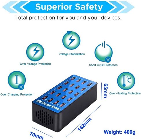 20 Port USB Charging Station, 100W/20A,Multiple USB Charging Station， Compatible with Smartphones, Tablets, and Other USB Devices.(20 Port Charger Station-Blue) in Saudi Arabia