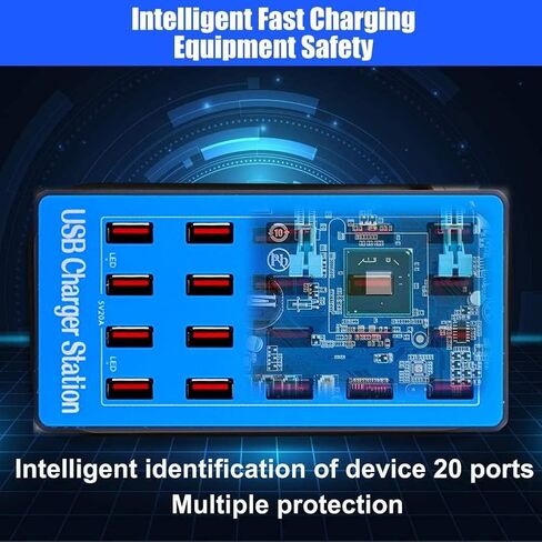 20 Port USB Charging Station, 100W/20A,Multiple USB Charging Station， Compatible with Smartphones, Tablets, and Other USB Devices.(20 Port Charger Station-Blue) in Saudi Arabia