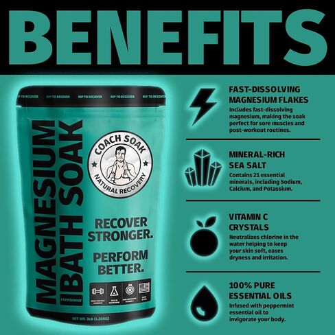 Coach Soak: Recovery Bath Soak - Absorbs Faster Than Epsom Salt Bath Soak for Pain – Rejuvenating Post Workout Magnesium Flakes -21 Minerals, Essential Oils & Bath Salts (Calming Lavender) in Saudi Arabia