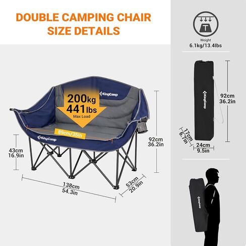 KingCamp Heated Double Camping Chair,Folding Heated Camping Chairs Loveseat Outdoor Sports, Heated Oversized Lawn Chairs for Adults,Heating Padded Chairs with 3 Heat Levels,Cup Holder,Black&Grey in Saudi Arabia