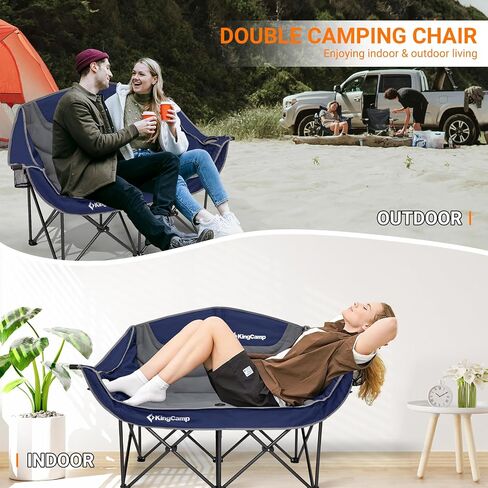 KingCamp Heated Double Camping Chair,Folding Heated Camping Chairs Loveseat Outdoor Sports, Heated Oversized Lawn Chairs for Adults,Heating Padded Chairs with 3 Heat Levels,Cup Holder,Black&Grey in Saudi Arabia