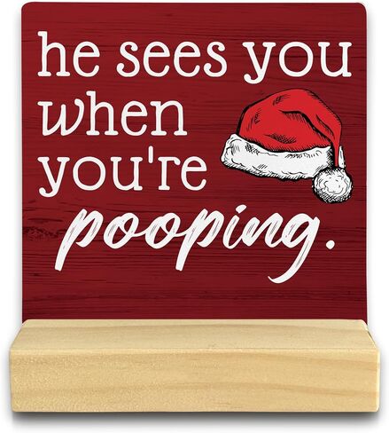 QASHWEY He Sees You When You're Pooping Sign, Funny Christmas Decorations,Christmas Bathroom Decorations, Bathroom Christmas Decorations,Christmas Sign,Christmas Table Decor for Guest Bathroom Toilet in Kuwait