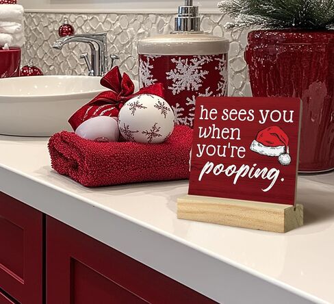 QASHWEY He Sees You When You're Pooping Sign, Funny Christmas Decorations,Christmas Bathroom Decorations, Bathroom Christmas Decorations,Christmas Sign,Christmas Table Decor for Guest Bathroom Toilet in Kuwait