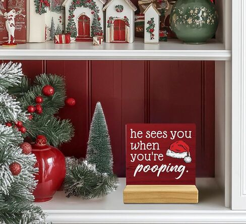 QASHWEY He Sees You When You're Pooping Sign, Funny Christmas Decorations,Christmas Bathroom Decorations, Bathroom Christmas Decorations,Christmas Sign,Christmas Table Decor for Guest Bathroom Toilet in Kuwait