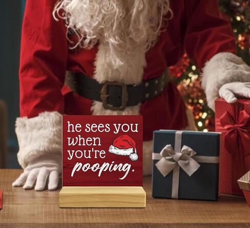 QASHWEY He Sees You When You're Pooping Sign, Funny Christmas Decorations,Christmas Bathroom Decorations, Bathroom Christmas Decorations,Christmas Sign,Christmas Table Decor for Guest Bathroom Toilet in Kuwait