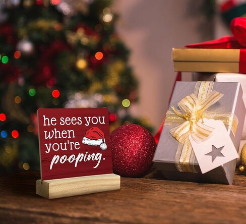 QASHWEY He Sees You When You're Pooping Sign, Funny Christmas Decorations,Christmas Bathroom Decorations, Bathroom Christmas Decorations,Christmas Sign,Christmas Table Decor for Guest Bathroom Toilet in Kuwait