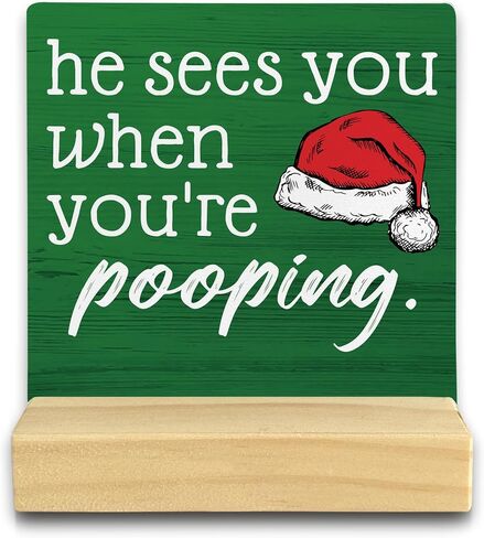 QASHWEY He Sees You When You're Pooping Sign, Funny Christmas Decorations,Christmas Bathroom Decorations, Bathroom Christmas Decorations,Christmas Sign,Christmas Table Decor for Guest Bathroom Toilet in Kuwait