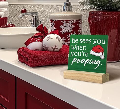 QASHWEY He Sees You When You're Pooping Sign, Funny Christmas Decorations,Christmas Bathroom Decorations, Bathroom Christmas Decorations,Christmas Sign,Christmas Table Decor for Guest Bathroom Toilet in Kuwait
