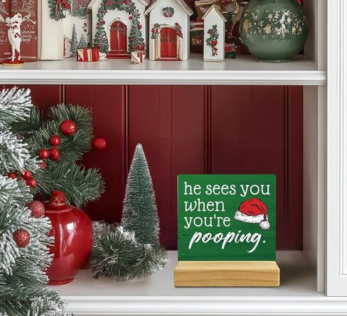 QASHWEY He Sees You When You're Pooping Sign, Funny Christmas Decorations,Christmas Bathroom Decorations, Bathroom Christmas Decorations,Christmas Sign,Christmas Table Decor for Guest Bathroom Toilet in Kuwait
