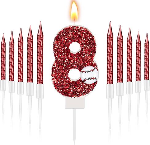 mtlee البيسبول عيد ميلاد رقم 8 شمعة مع 10 طويلة رقيقة كب كيك شمعة حمراء البيسبول كعكة توبر الترتر الرياضة موضوع البيسبول زينة عيد ميلاد حزب كعكة الشموع لاحتفالات الذكرى السنوية in Saudi Arabia