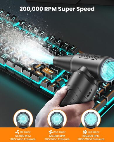 Compressed Air Duster, 200,000 RPM Electric Air Duster for Computer, 3 Gear Adjustable High-Speed Air Blower, 9,000mAh Large Battery Reusable no Canned Keyboard Cleaner for Office, Home, Car in Saudi Arabia