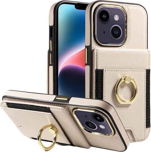 S. Dawezo Compatible with iPhone 14 Wallet Case with Card Holder,360° Rotation Ring Holder Stand Case with Card Slot,RFID Blocking Drop Protection with Magnetic Snap Case for iPhone 14-Beige in Saudi Arabia