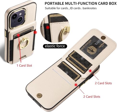S. Dawezo Compatible with iPhone 14 Wallet Case with Card Holder,360° Rotation Ring Holder Stand Case with Card Slot,RFID Blocking Drop Protection with Magnetic Snap Case for iPhone 14-Beige in Saudi Arabia