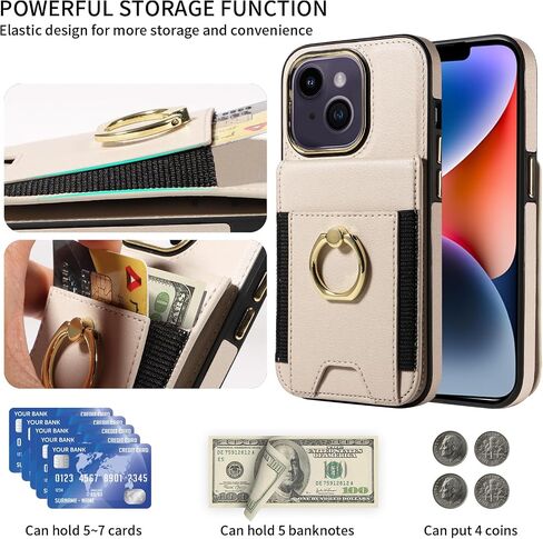 S. Dawezo Compatible with iPhone 14 Wallet Case with Card Holder,360° Rotation Ring Holder Stand Case with Card Slot,RFID Blocking Drop Protection with Magnetic Snap Case for iPhone 14-Beige in Saudi Arabia