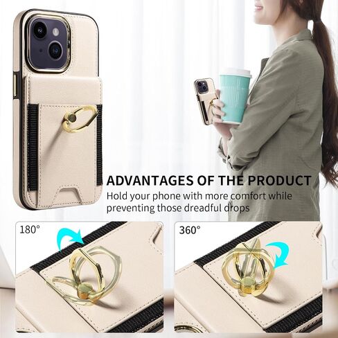 S. Dawezo Compatible with iPhone 14 Wallet Case with Card Holder,360° Rotation Ring Holder Stand Case with Card Slot,RFID Blocking Drop Protection with Magnetic Snap Case for iPhone 14-Beige in Saudi Arabia