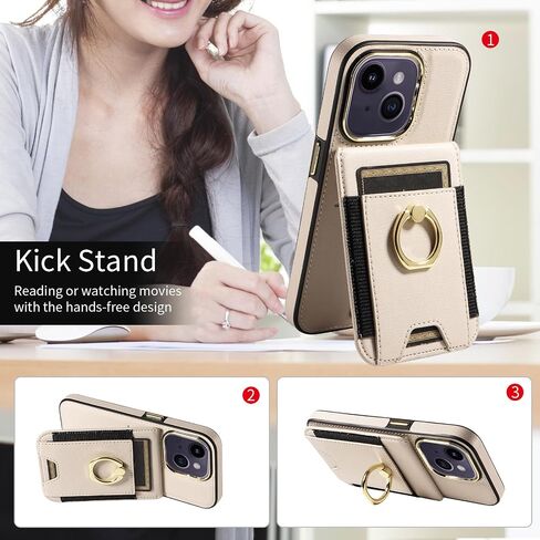 S. Dawezo Compatible with iPhone 14 Wallet Case with Card Holder,360° Rotation Ring Holder Stand Case with Card Slot,RFID Blocking Drop Protection with Magnetic Snap Case for iPhone 14-Beige in Saudi Arabia