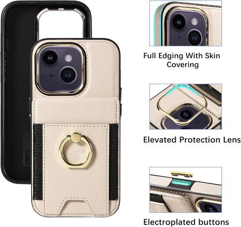 S. Dawezo Compatible with iPhone 14 Wallet Case with Card Holder,360° Rotation Ring Holder Stand Case with Card Slot,RFID Blocking Drop Protection with Magnetic Snap Case for iPhone 14-Beige in Saudi Arabia