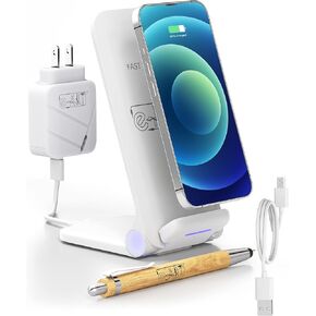 شاحن لاسلكي سريع قابل للطي بقوة 15 وات مع شاحن حائط وقلم ستايلس - شاحن لاسلكي هدية - شاحن iPhone - شحن سريع لهاتف سامسونج جالاكسي مع شاحن حائط سريع 28 وات