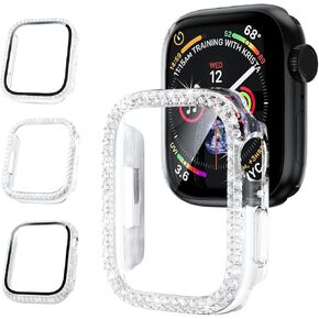 3 Pack Screen Protectors for Apple Watch. 3 Styles of Crystal Diamond Cases, Made of PC and 9H Tempered Glass for Apple Watch Series 9/8/7. Designed for Apple Watch 41mm Case
