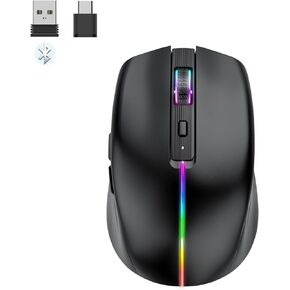 Rechargeable Bluetooth Mouse for MacBook, 6 Buttons, Comfortable to Hold, Quad-Mode(BT1/BT2/USB/TypeC), Silent Clicks, Portable Travel, USBC Wireless Mouse for Laptop PC Desktop Computer Tablet Phone
