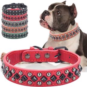 Stylish PU Leather Dog Collar with Alloy Buckle, Black Diamond Rivets, Adjustable, Durable for Small, Medium, Large Dogs - Red M