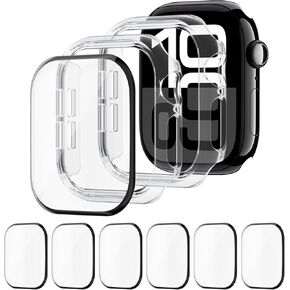 2 Pack Case + 6 Pack Waterproof Screen Protector for Apple Watch 42mm 46mm 44mm 40mm 45mm 41mm, Scratch Resistant Bumper Edge Protective Cover for iWatch SE Series 10/9/8/7/6/5/4(NOT for Series 3)
