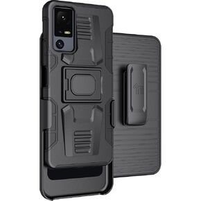 Case with Clip for Jitterbug Smart4 / TCL 40XL, Nakedcellphone Rugged Ring Grip Cover with Stand and [Belt Hip Holster] for Lively Smart 4 Phone (2023, T608G) - Black