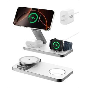 3-in-1 Foldable Wireless Charging Station,15W Qi2-Certified Wireless Charger for Magsafe iPhones,3 in 1 Magnetic Charger Stand for iPhone 16/15/14/13/12, Apple Watch and AirPods.(30W Adapter Include)