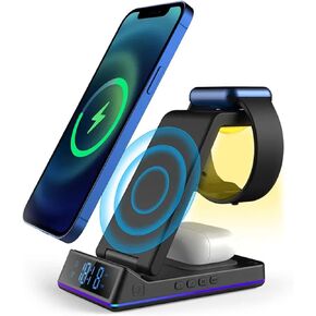 STC 5 in 1 Wireless Charger with Clock/Alarm and Night Light, 15W Qi Fast Charging Station Compatible with iPhone, AirPods and Apple Watch