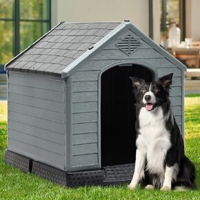 YITAHOME Plastic Dog House Outdoor Indoor Doghouse, Weather Resistant Puppy Shelter with Air Vents, Easy to Assemble (41''L*38''W*39''H, Brown+Gray)