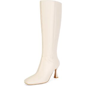 Dsevht Black Leather Knee High Boots for Women Stiletto Kitten Heeled Sexy Boots Square Toe and Side Zipper Design Fashion Dress Boots