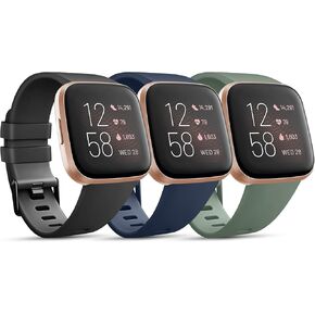 PACK 3 Soft Silicone Bands for Fitbit Versa 2 / Versa/ Versa Lite Classic Adjustable Sport Bands for Women Men Small Large(Without Tracker) (Small, Black+Blue+Grey)