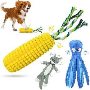 Set of 3, Teeth Cleaning Teething Puppy, No Stuffing - Durable Squeaky Toys for Small Medium Large Dogs - Interactive - Corn, Octopus, Tiger