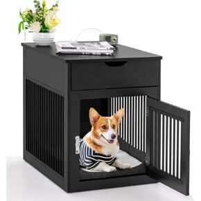 Tangkula Dog Crate Furniture, Decorative Dog Kennel End Table with Storage Drawer, Wired & Wireless Charging, Lockable Indoor Dog House with Cushion, Wooden Pet Cage Nightstand for Small Dogs