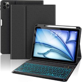 Keyboard Case for iPad Air 13-inch (M2, 2024) & Pro 12.9-inch (6th, 5th, 4th, 3rd Generation) - 7 Color Backlit Wireless Detachable Keyboard Slim Folio Cover with Pencil Holder - Black