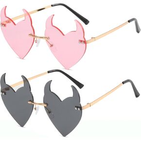 Goth Horns Heart Sunglasses for Women Rimless 90s Punk Heart Glasses Trendy for Party Festival colored Sunglasses