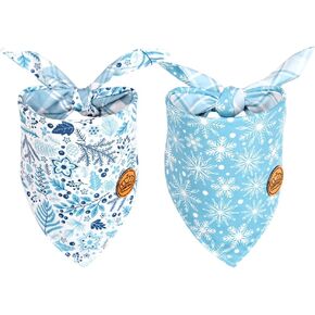CROWNED BEAUTY Winter Dog Bandanas Reversible Large 2 Pack, Frost Paws Set, Blue Plaid Adjustable Triangle Snowflakes Holiday Scarves for Medium Large Extra Large Dogs Boy Girl Pets DB146-L